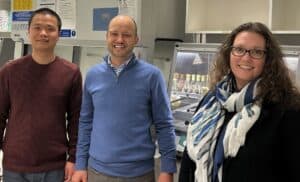 Flinders University Senior Research Fellow in Chemical Mineralogy Dr Gujie Qian, left, Newmont Mining’s Mr Hugh Davies and Professor Sarah Harmer at Flinders University.