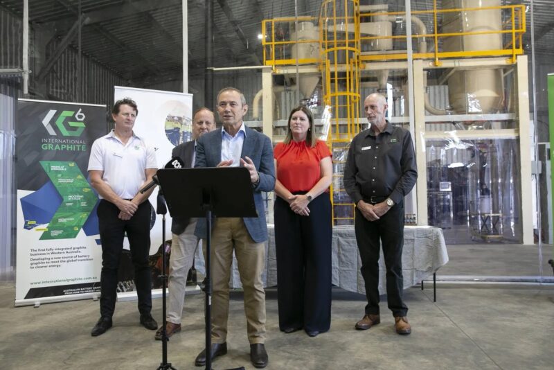Featured Image: (L-R) International Graphite’s Managing Director and CEO, Andrew Worland, Western Australian Minister for Regional Development, Don Punch, Collie-Preston MLA, Jodie Hanns, and International Graphite’s Chairman and Founder, Phil Hearse at International Graphite’s R&D Facility. Image credit: International Graphite.