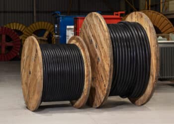 Cable drums holding industrial electrical cable, used for utility power distribution. Images: Australian Power Equipment