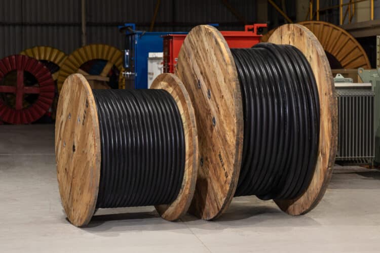 Cable drums holding industrial electrical cable, used for utility power distribution. Images: Australian Power Equipment