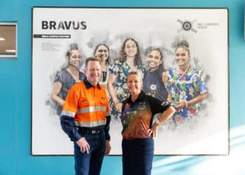 Bravus Australia CEO Mick Crowe with Cowboys Community Foundation CEO Fiona Pelling in
front of the mural at the NRL Cowboys House Girls Campus. Image: Bravus