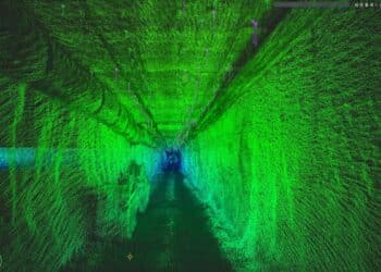 Figure 1: rock bock bolt extraction and intensity analytics of an underground tunnel. Images: Pointerra3D